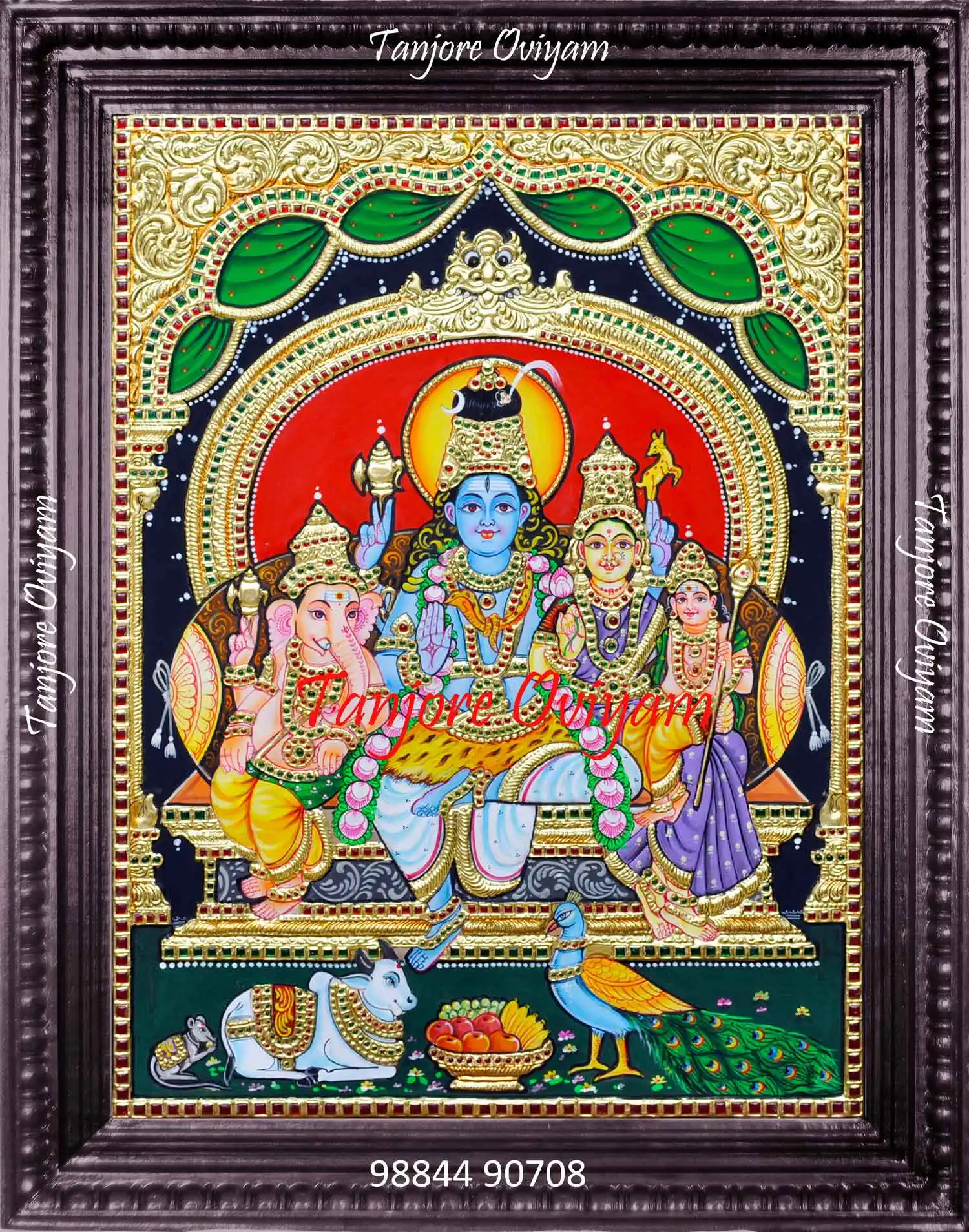 Authentic Lord Shiva Family Tanjore Painting with Shiva, Parvati, Ganesha, and Murugan